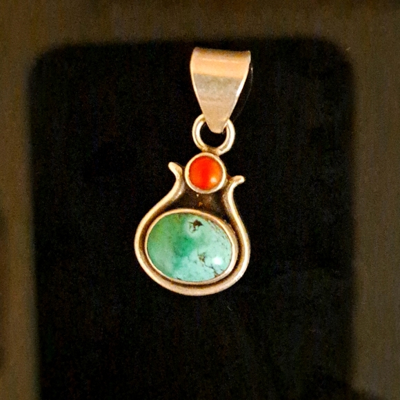 925 Signed Natural Coral and Turquoise Native American Pendant - Picture 2 of 6